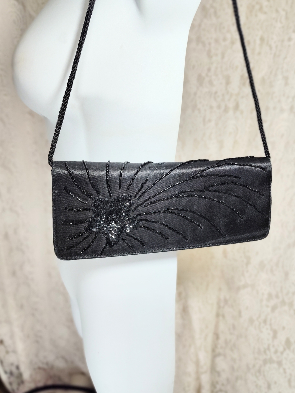 Black Satin Sequin Floral Evening Clutch with Braided Strap